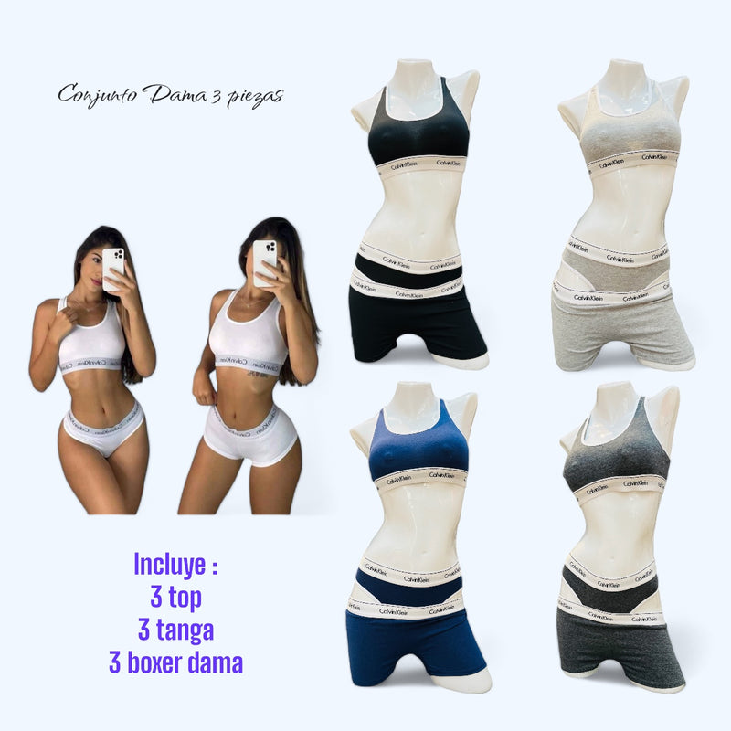 Trios de Ropa Interior para Dama Pack x3🔥3 Tops, 3 Tangas y 3 Boxers con control de abdomen